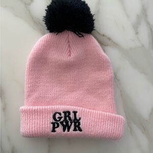 GRL PWR Pink Beanie with Black Pom Pom